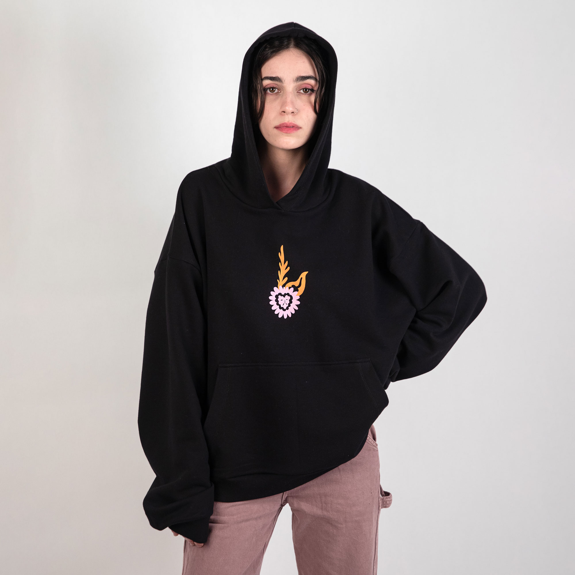 هودی اورسایز black hoodie flower